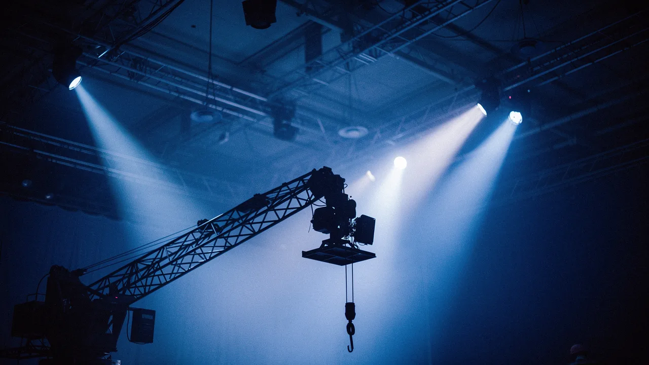 A camera crane silhouette against a hazy blue-lit studio ceiling