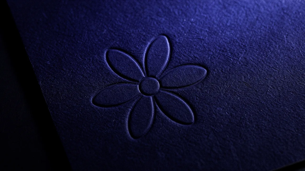 Embossed flower mark on midnight paper under a raking blue light, macro