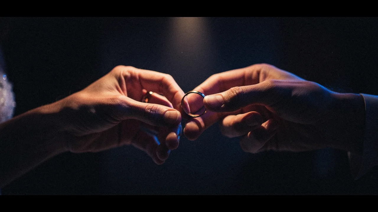 Hands exchanging rings in near-darkness, lit by a single warm spot