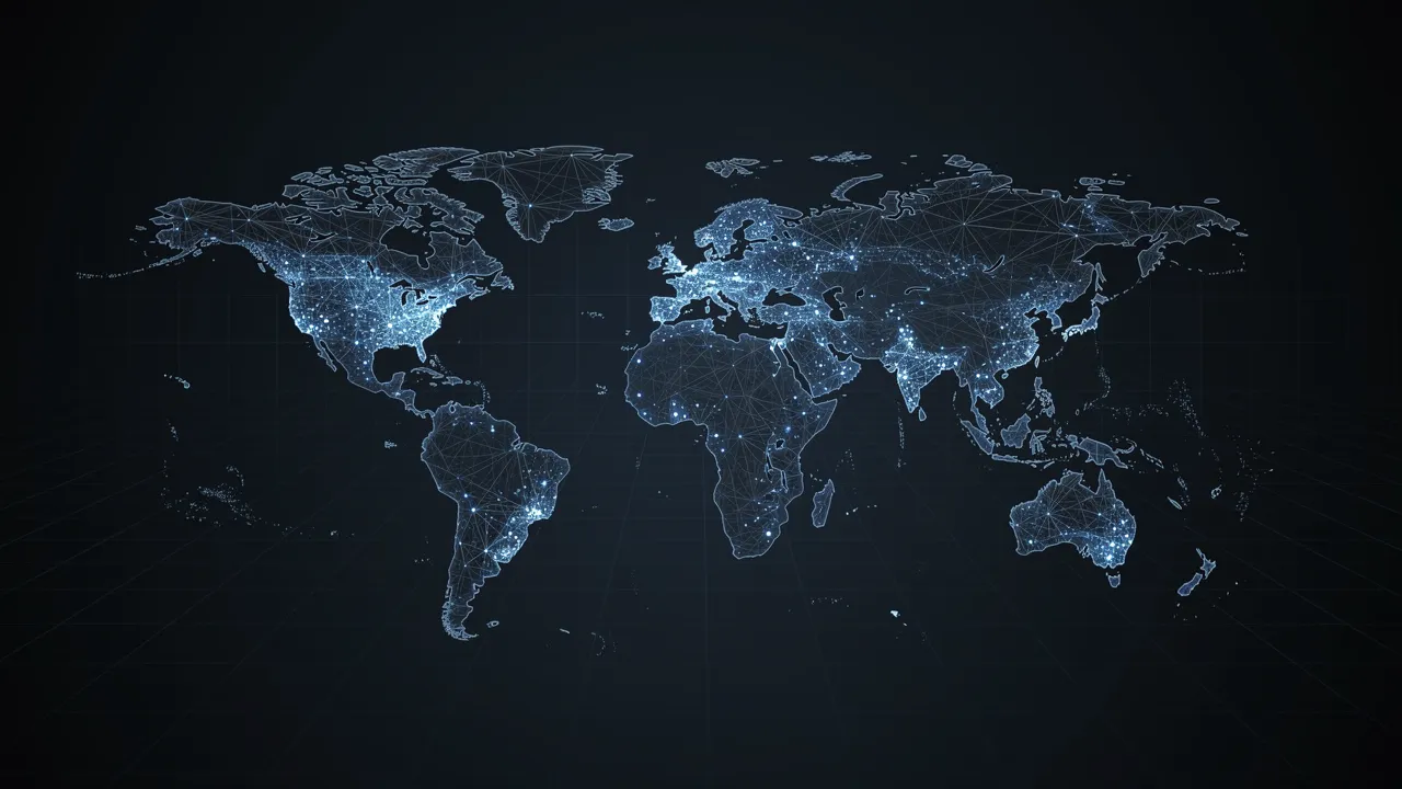 An abstract world map drawn in points of cold blue light, marking a network of connected DSPs and affiliates across Latin America